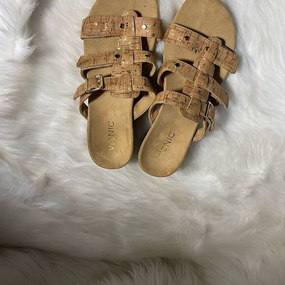 Vionic cork and gold wedge strappy sandals with side buckle & Velcro straps SZ7 - Picture 6 of 10